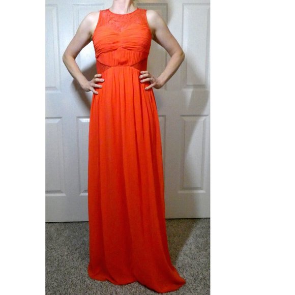 Little Mistress Womens 6 Coral Prom Maxi Dress Long Gown Lace Chic Gorgeous - Picture 2 of 13